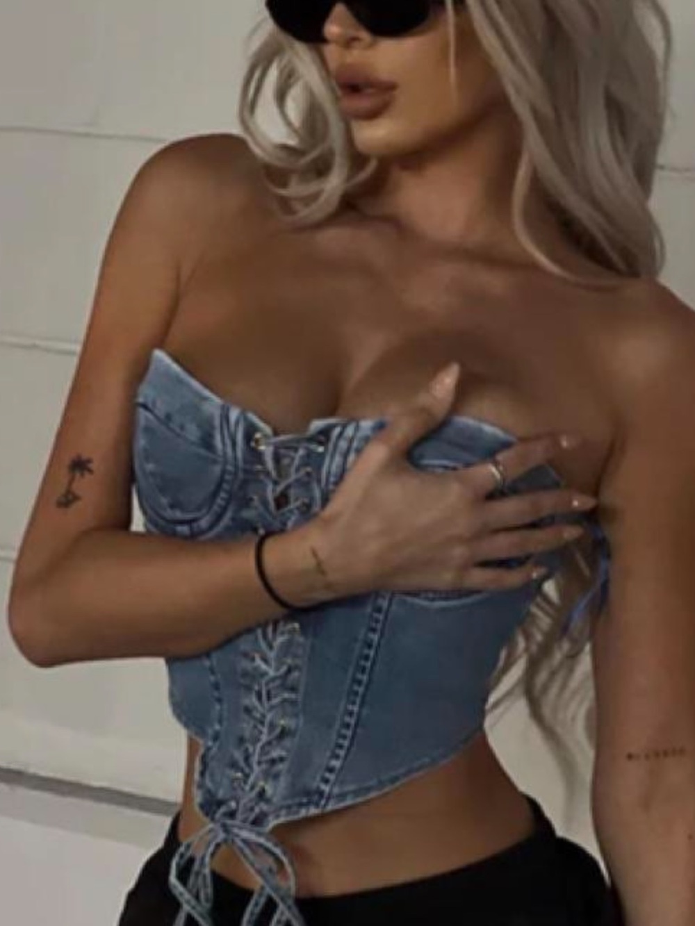 Denim Lace-Up Corset Top - Blue